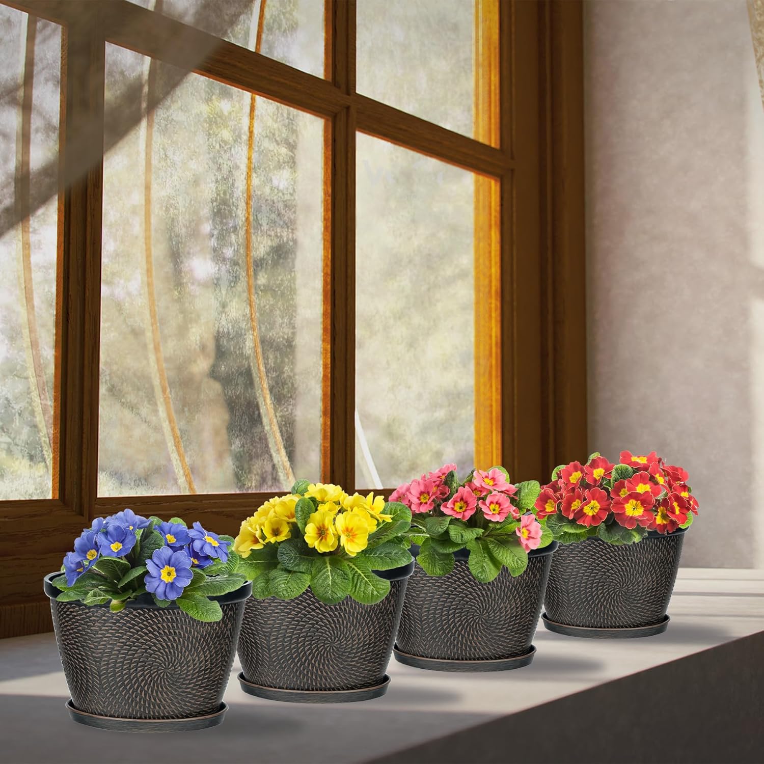 Quarut 4 Pack 6 Inch Flower Pots for Outdoor Indoor, Plastic Plant Pots with Drainage Hole & Saucer, Lightweight Small Flower Pot, Circle Pattern Planters for Garden House planters（Black Copper）-VerdiqueGarden