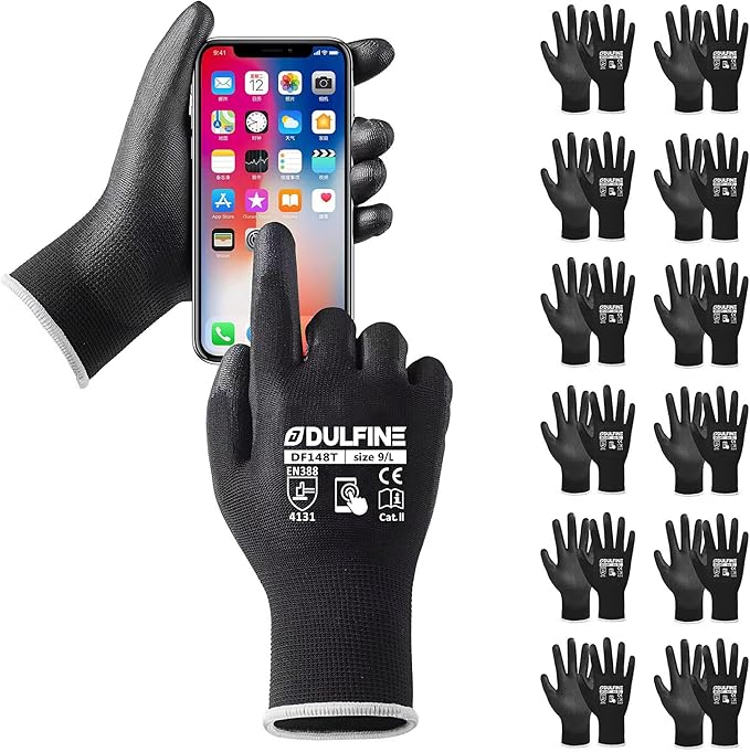 DULFINE Safety Work Gloves PU Coated for Men and Women-12 Pairs,Black Seamless Knit Glove with Two Fingers Touchscreen,Ideal for General Duty Work (Large)-VerdiqueGarden