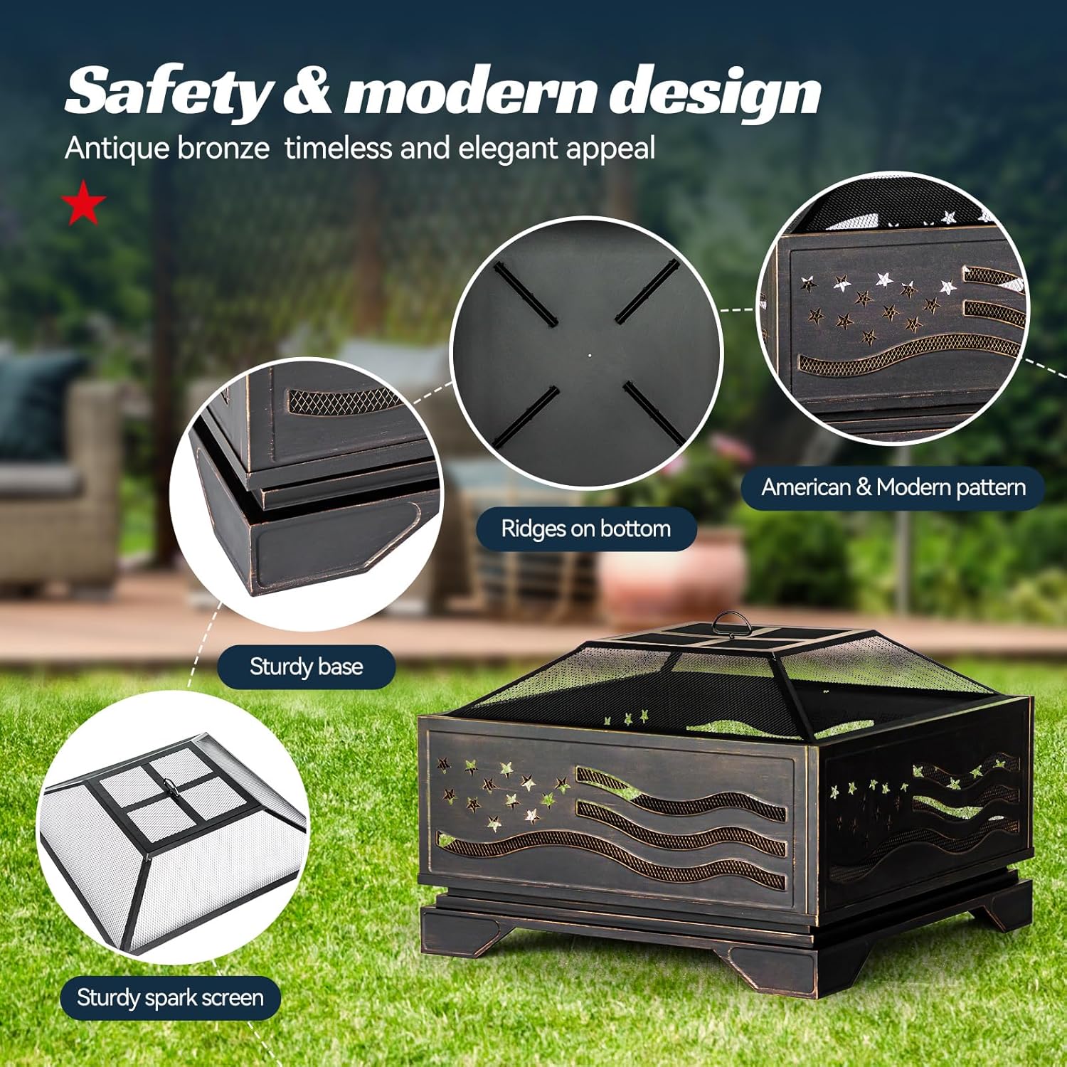 32Inch Square-Shaped Fire Pit,Outdoor Fire Pits with Spark Screen&Poker,Metal Square Wood Burning Firepits for Outside,Backyard,Bonfire,Patio,Party,Garden,Picnic and Camping(Antique Bronze)-VerdiqueGarden