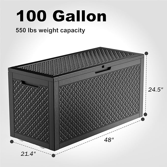 100 Gallon Resin Deck Box, Lockable Outdoor Storage Box for Patio Cushions Storage Furniture,Garden Tools, Pool Supplies, Weatherproof and UV Resistant（Black L）-VerdiqueGarden