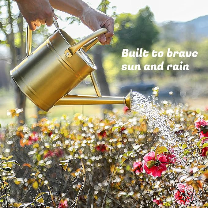 1 Gallon Watering Can for Plants, Watering Cans for Indoor&Outdoor Gardening, Galvanized Steel Watering Pot with Removable Spout, Metal Water Can with Ergonomic Movable Handle(Gold)-VerdiqueGarden