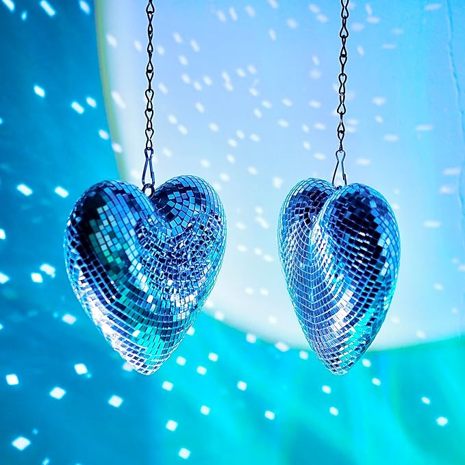 Disco Balls 2 Pack Silver Heart-Shaped Stage Mirror Balls Hanging Decor for Party, Room, Wedding, Garden, Retro Reflective Disco Ball Handmade Gifts (6.3 inch)-VerdiqueGarden