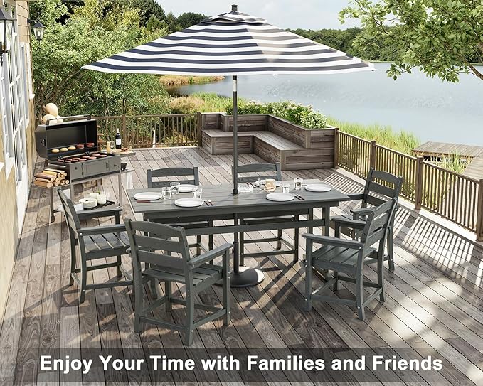 7pcs Outdoor Dining Set, HDPE Patio Dining Set for 6, All-Weather Outdoor Table and Chairs with Umbrella Hole & Adjustable Pads, Modern Patio Furniture Set for Backyard, Poolside &Lawn (Grey)-VerdiqueGarden