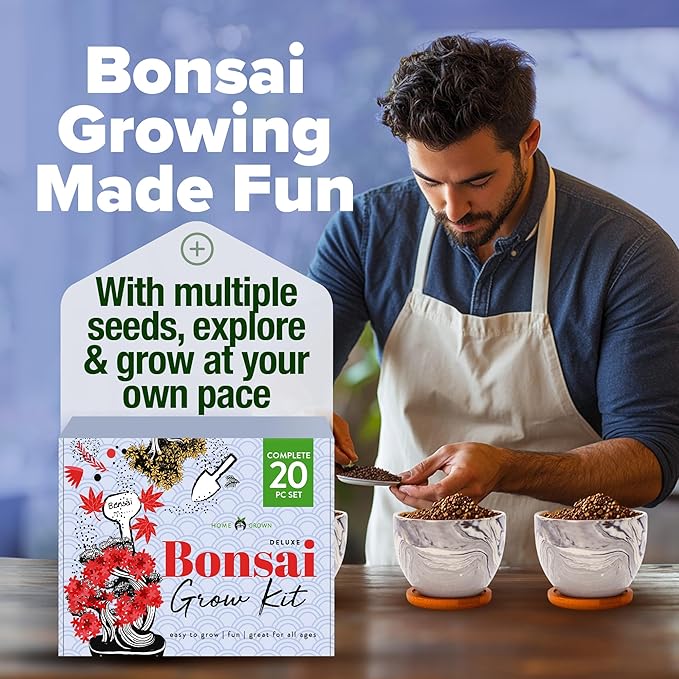 HOME GROWN Bonsai Tree Kit - Premium Ceramic Starter Kit - 4 Variety of Bonsai - Unique Gift for Men and Women Gardeners (BK2-2nd-MF)-VerdiqueGarden