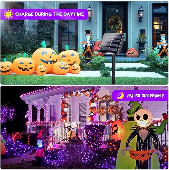 EEW 2 Pack 200 LED Solar Halloween Lights Outdoor Waterproof, Solar String Lights for Outside, Solar Powered Tree Light with 8 Lighting Modes for Xmas Party Garden Yard Halloween Decorations (Purple)-VerdiqueGarden