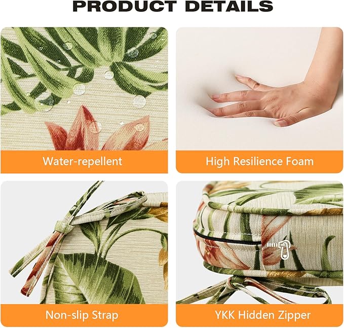 Round Corner Seat Cushions, 17" x 16" x 2", Set of 4, Indoor Outdoor Water Repellent Universal Chair Pads with Ties for Patio Furniture, Garden Deck Dining Chairs, Leaf and Flower-VerdiqueGarden