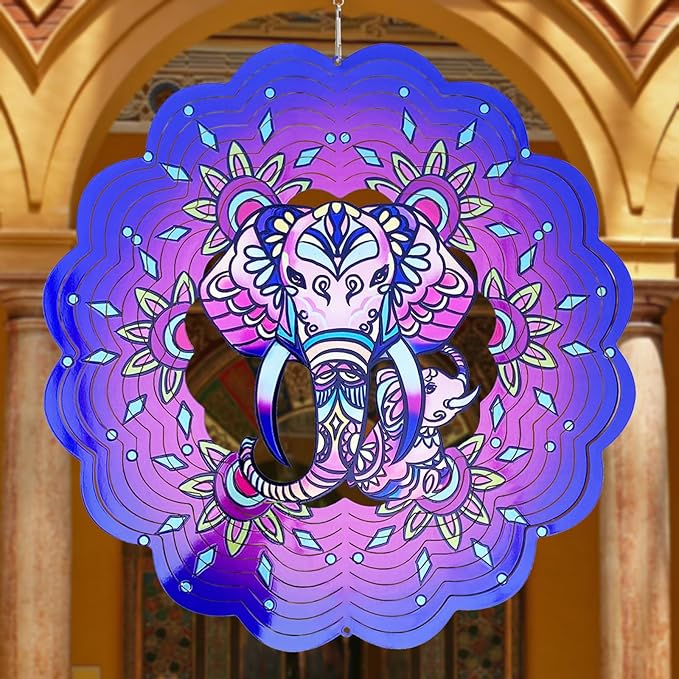 Elephant Wind Spinners 3D Hanging Wind Spinner Elephant Ornament Gifts for Women Mom Grandma,12inch Metal Wind Kinetic Sculpture for Outdoor&Indoor Decor, Yard Art, Garden Decoration-VerdiqueGarden