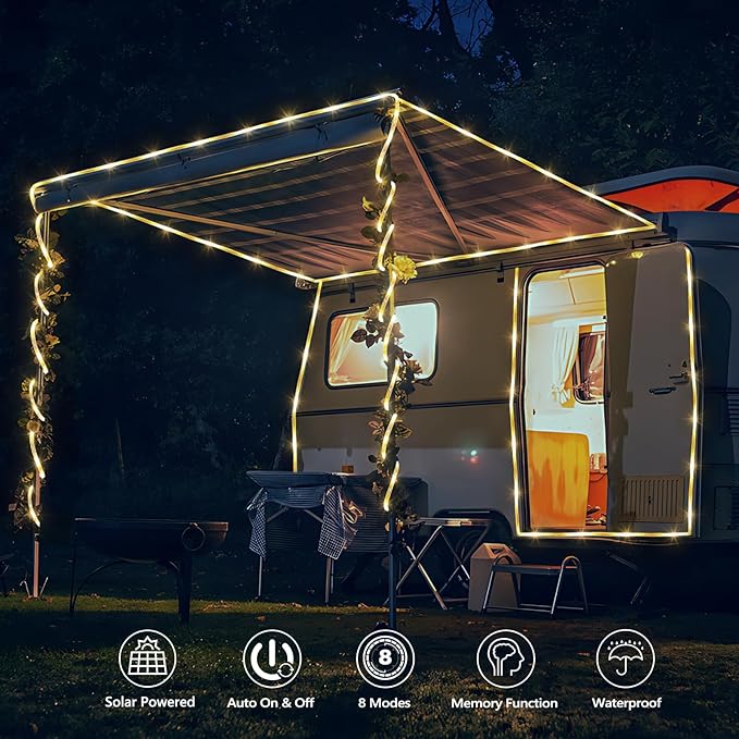 Solar Rope Lights, 66ft 200LED String, 8 Modes Waterproof Powered Outdoor, Flexible Clear Tube for Garden, Backyard, Patio, Deck, Porch, Pool, Tree Decor - Warm White-VerdiqueGarden