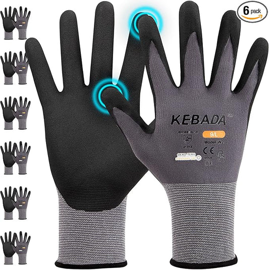 Kebada W2 Work Gloves for Men and Women, Nitrile Coated Working Gloves for Gardening, Construction, Warehouse, Safety Gloves for Work in Yard and Outdoors, 6 Pairs, XXL-VerdiqueGarden