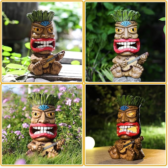 Solar Tiki Statue Outdoor Decor-Garden Guitar Tiki Statues-Tiki Bar Decorations for Outdoor Patio Yard Lawn Balcony Bar Party,Waterproof Garden Sculpture 10.35 Inch Tall-VerdiqueGarden
