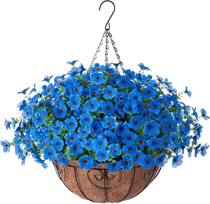 Artificial Fake Hanging Plants Flowers with Basket Outdoor Decor Faux Silk Daisy Flower Arrangements in Pot Planter for Porch Home Indoor Patio Garden Yard Decoration, Blue-VerdiqueGarden