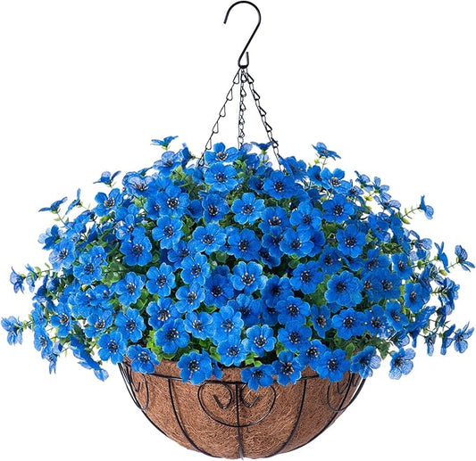 Artificial Fake Hanging Plants Flowers with Basket Outdoor Decor Faux Silk Daisy Flower Arrangements in Pot Planter for Porch Home Indoor Patio Garden Yard Decoration, Blue-VerdiqueGarden