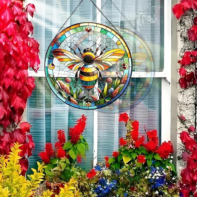 RIVEENY Bumblebee Stained Glass Window Hangings,8''Bee Suncatcher Stained Glass Window Panel Gift for Christmas Anniversary Birthday Mother's Day-VerdiqueGarden
