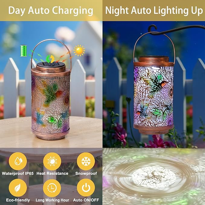 2Pack Solar Lanterns Outdoor Waterproof Hummingbird Gardening Gifts for Women, Multicolor Solar Lights Patio Lantern for Backyard Garden Decor, Porch, Outside, Mothers' Day Gifts for Mom Grandma-VerdiqueGarden