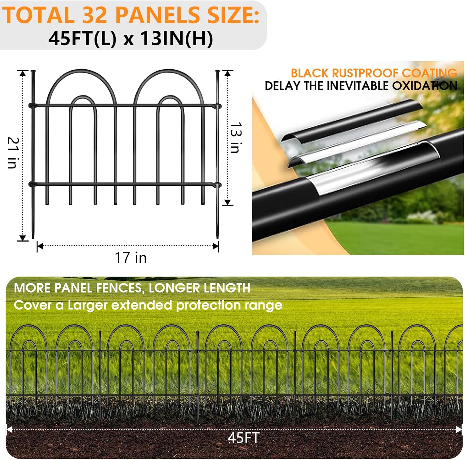 45ft X 13in Animal Barrier Fence, 32 Panels No Dig Fence for Dogs Rabbit, Anti Digging Defense Barrier Garden Edging Border, Rustproof Metal Arched Decorative Garden Fencing for Outdoor, Yard, Lawn-VerdiqueGarden