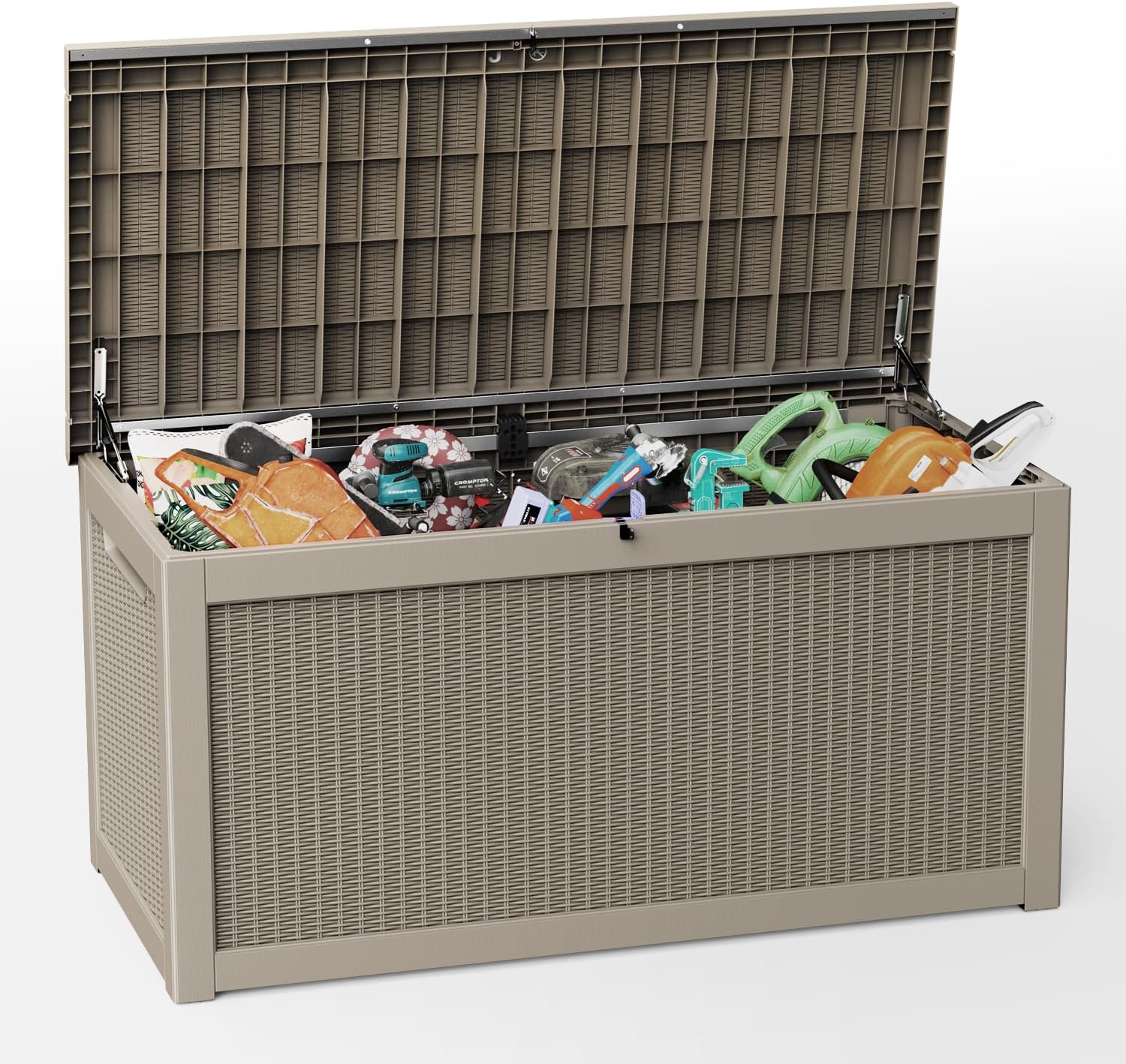 260 Gallon Outdoor Storage Box Waterproof, UV Resistant Resin Deck Box with Hydraulic Rod, Reinforced Stability for Patio, Garden, Rattan Gray-VerdiqueGarden