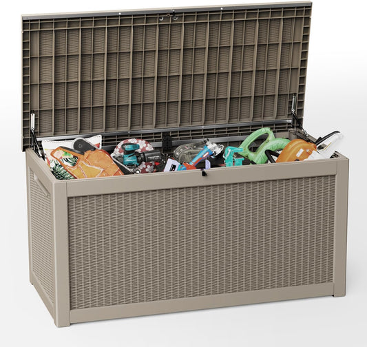 260 Gallon Outdoor Storage Box Waterproof, UV Resistant Resin Deck Box with Hydraulic Rod, Reinforced Stability for Patio, Garden, Rattan Gray-VerdiqueGarden