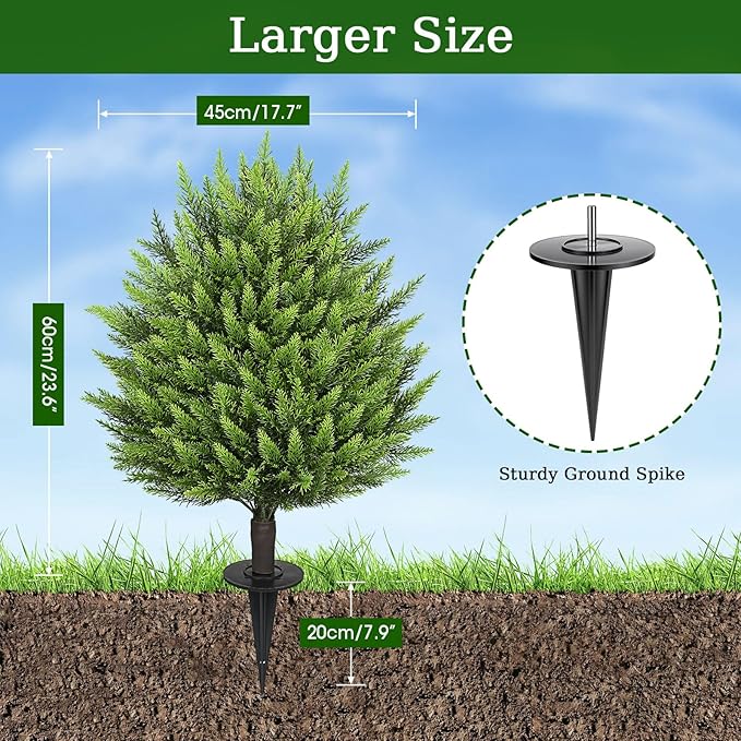 31" Artificial Cedar Topiary Ball Trees with Ground Spike,2 Pack Fake Pine Shrubs Bushes, UV Resistant Faux Evergreen Cypress Tree Plants for Indoor Outdoor Planters Front Porch Garden Decor-VerdiqueGarden