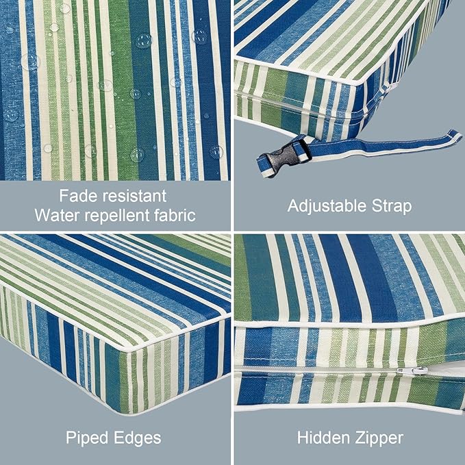 LVTXIII Patio Chair Cushions 22"x22"x3", Water-Repellent Outdoor Seat Cushions for Patio Furniture, Square Chair Pads with Ties for Home Garden Decoration, Set of 2, Stripe Blue Green-VerdiqueGarden