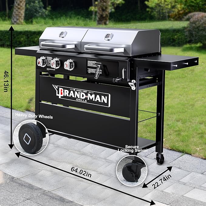 Brand-Man Propane Gas and Charcoal Grill Combo, Dual Fuel BBQ Combo Grill with Stainless Steel Dual Lids & 2 Side Shelves for Outdoor Kitchen & Backyard Barbecue Cooking-VerdiqueGarden
