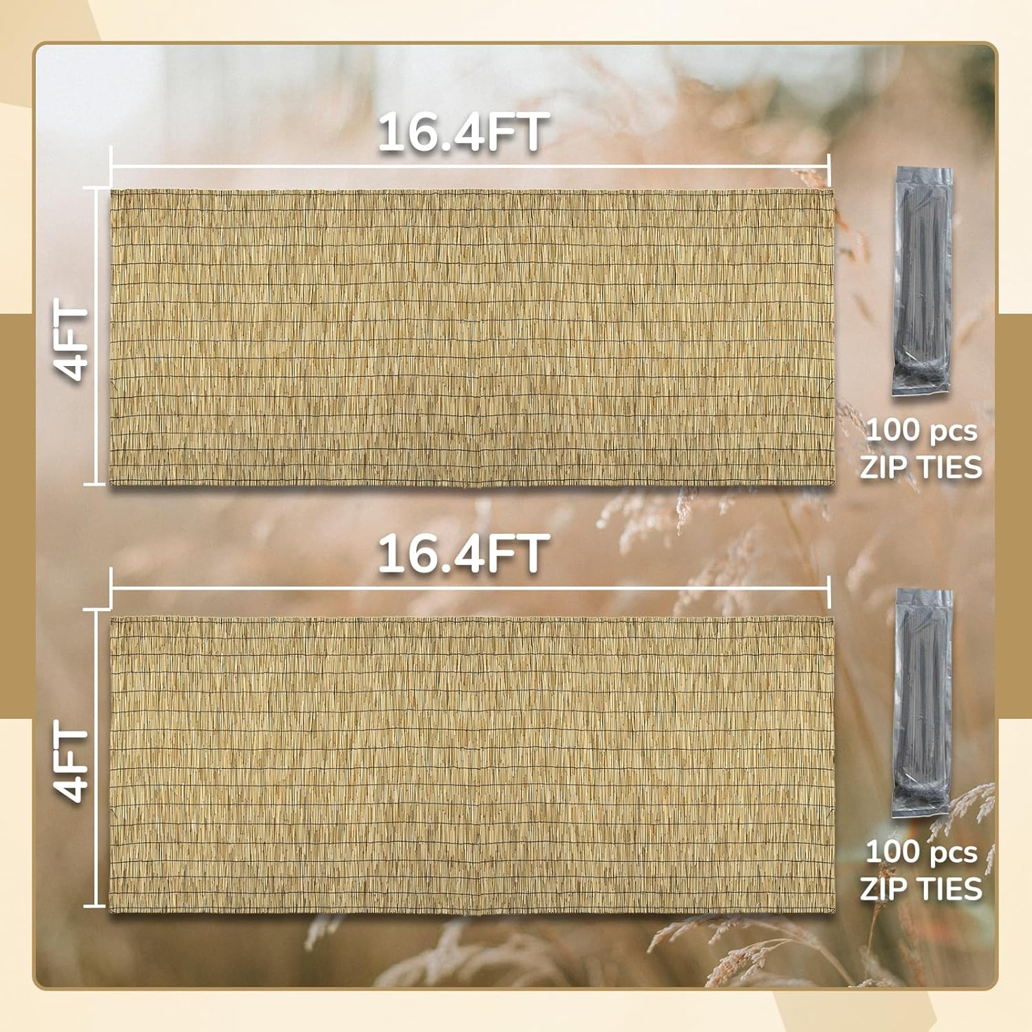 Natural 2 Pack 4FT X 16.4FT Reed Fencing Roll, Balcony Privacy Shade Reed Bamboo Fencing Garden Fence Border, Wind Block Sunshade Fence Screen for Outdoor Yard Patio Flower Bed Edge-VerdiqueGarden