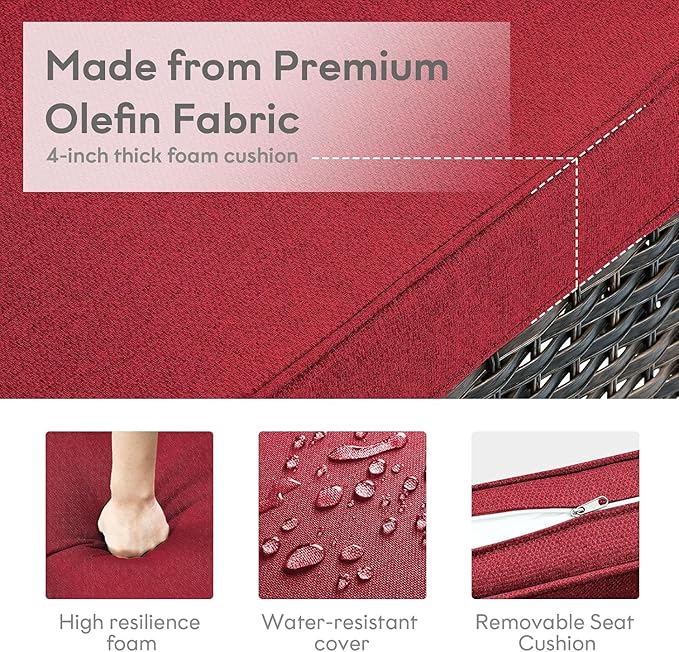 5 Pieces Patio Wicker Furniture Set - 4 Outdoor Swivel Rocker Glider Chairs with 50000BTU Propane Fire Pit Table, Warm Patio Conversation Set Red Cushion Perfect for Casual Gathering-VerdiqueGarden