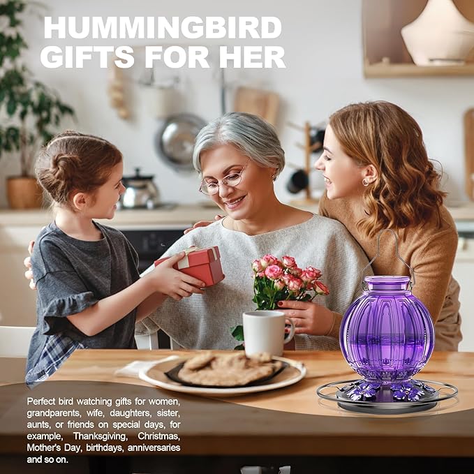2 Pack Glass Hummingbird Feeder for Outdoors Hanging, Bird Nectar Feeder with Perch & 5 Flower Feeding Ports, 26 Oz Leak Proof for Outside Garden Decor Backyard, Gifts for Women Mom, Purple-VerdiqueGarden