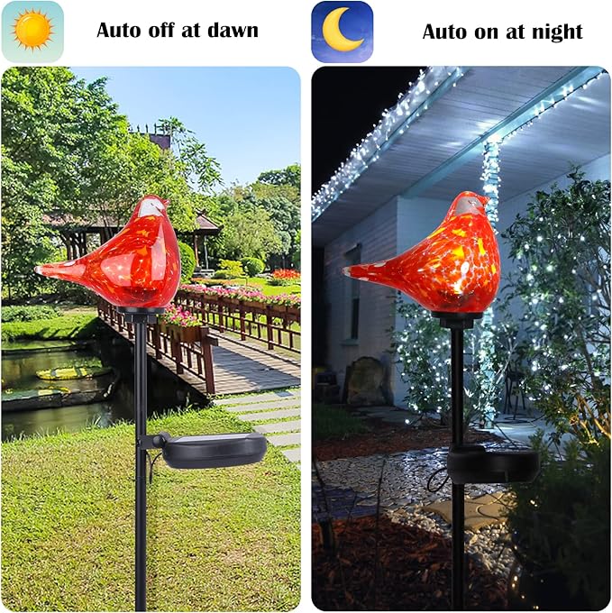 Afirst Solar Outdoor Lights - Decorative Solar Stake Lights Cardinal Handblown Glass Garden Stakes, Waterproof for Pathway Decoration, 2 Pack-VerdiqueGarden