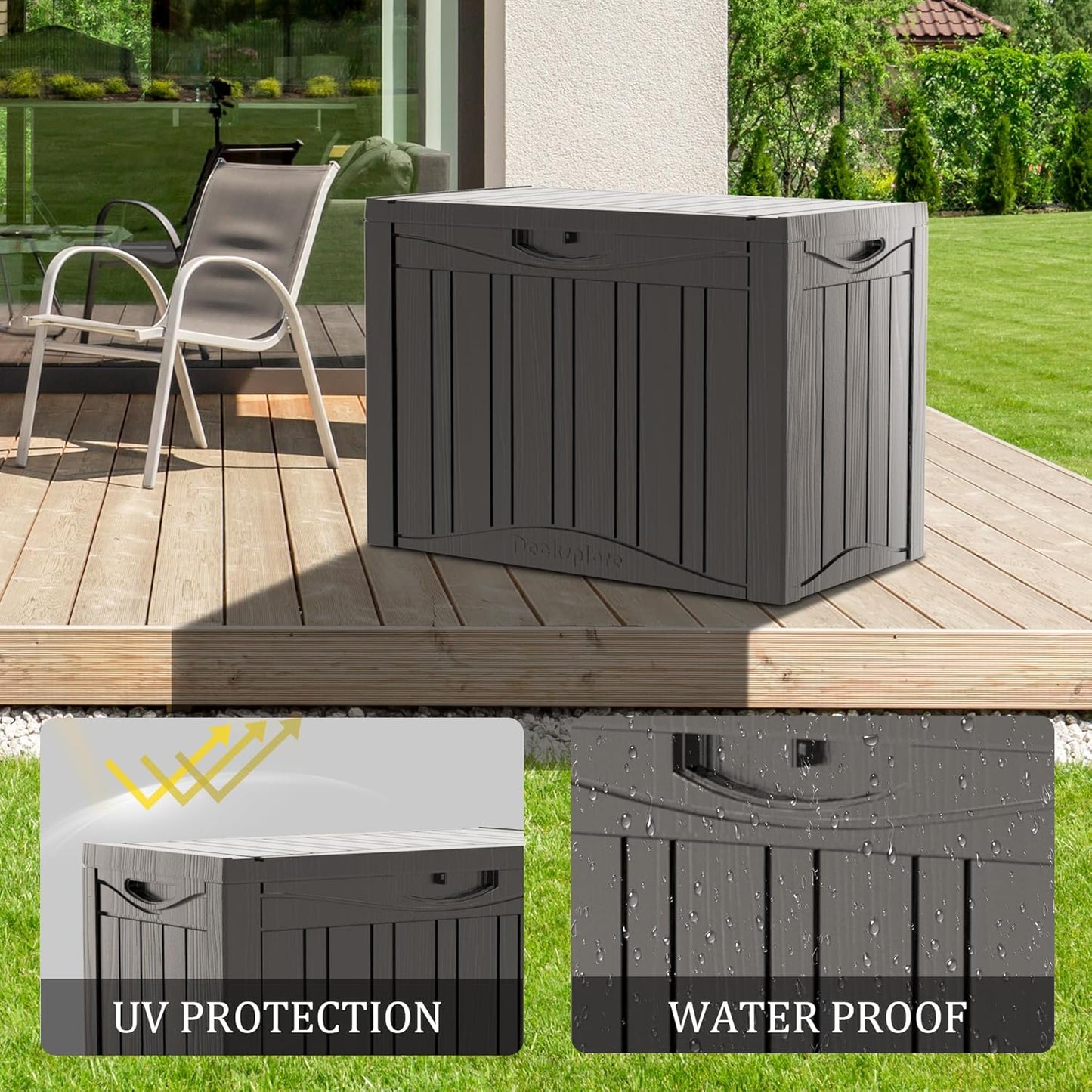 50GAL Brown Deck Box with Special Pattern & Lock Hole – Waterproof, SGS - Approved UV Resistance, Stylish Storage for Outdoor Cushions & Decor, Effortless Assembly-VerdiqueGarden