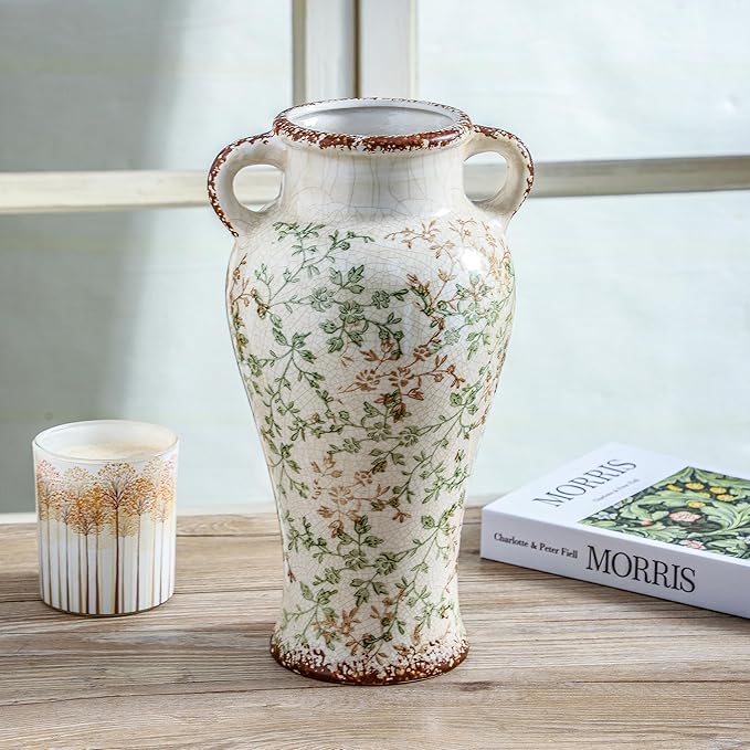 Enra Farmhouse Vintage vase with Handle,12.6 in Ceramic Chinoiserie Floral Vase,Green and Beige Decorative Flower vase,Large Rustic Vases for Home Decors, Living Room, Bookshelf, Office-VerdiqueGarden
