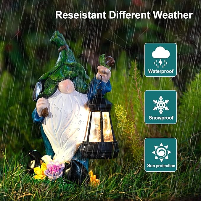 Garden Gnome Solar Figurine Lights - Solar Powered Lighting Outdoor Decorations with Lantern & Shovel, Yard Art Lawn Ornaments for Porch Patio Balcony - Gnome Gifts for Women Mom-VerdiqueGarden