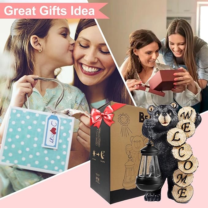 Garden Decor Solar Statues: Mothers Day Gifts for Mom Grandma Birthdays for Women Sister Wife Lady - Front Patio Balcony Yard Art Lawn Ornaments Porch Outdoor Outside Decorations (Bear)-VerdiqueGarden