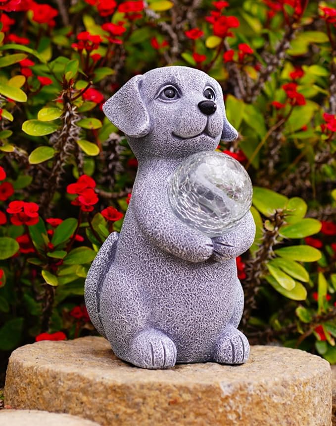 Solar Dog Garden Statues - 8.4 "Dog Decor with Gazing Ball Solar LED Lights, Unique Gifts for Mom Grandma Birthdays, Outdoor Decor for Outside Lawn Porch Patio (Gray)-VerdiqueGarden