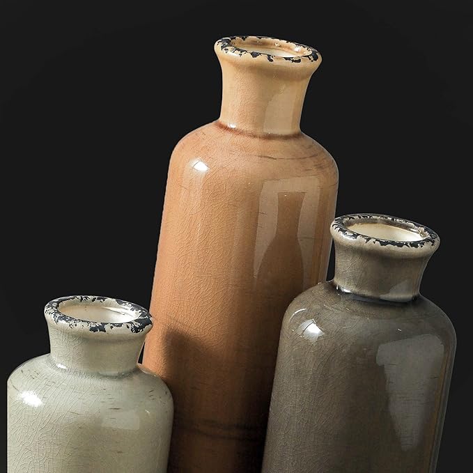 Ceramic Vase Set of 3, Neutral Flower Vases Home Decor, Pottery Rustic Farmhouse Decorative Vases Modern Decor for Table Mantel Entryway Bookshelf Living Room Kitchen Bedroom - Brown-VerdiqueGarden