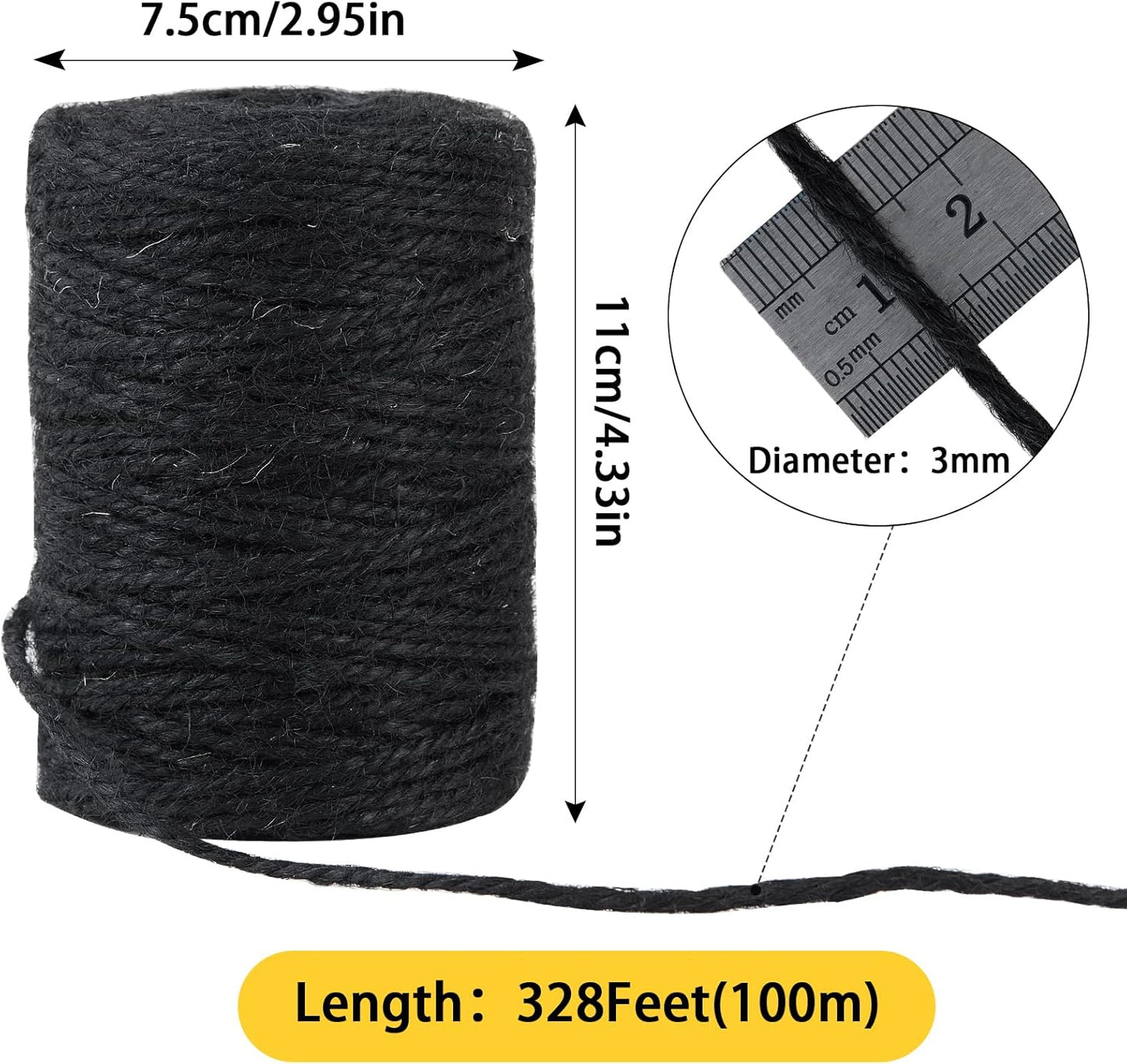328 Feet 3mm Thick Black Natural Jute Twine, Garden Twine Heavy Duty Industrial Packing Materials String Wrapping, Arts, and Crafts, Halloween Wrapping, Gardening Applications-VerdiqueGarden
