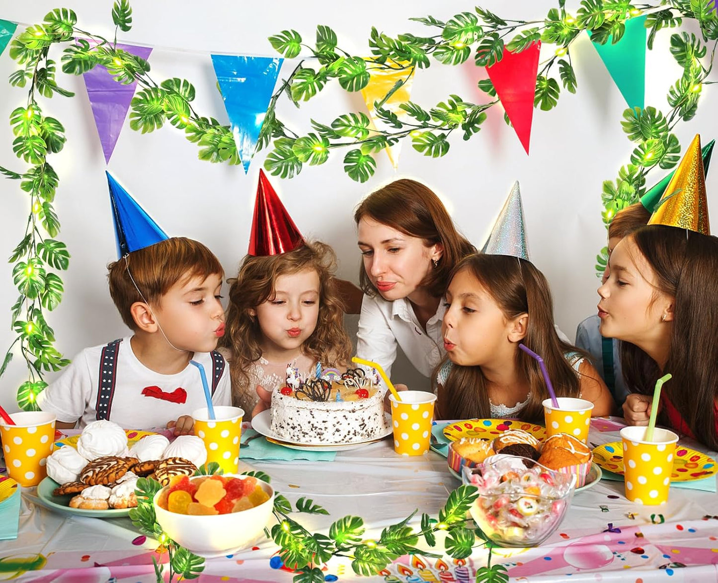 RECUTMS Artificial Monstera Leaf Vines Whit Light 2Pcs, 5.9FT Fake Hanging Ivy Plant Faux Tropical Palm Leaves Greenery Vine Garland Indoor Outdoor Garden Porch Patio Jungle Luau Birthday Party Décor-VerdiqueGarden