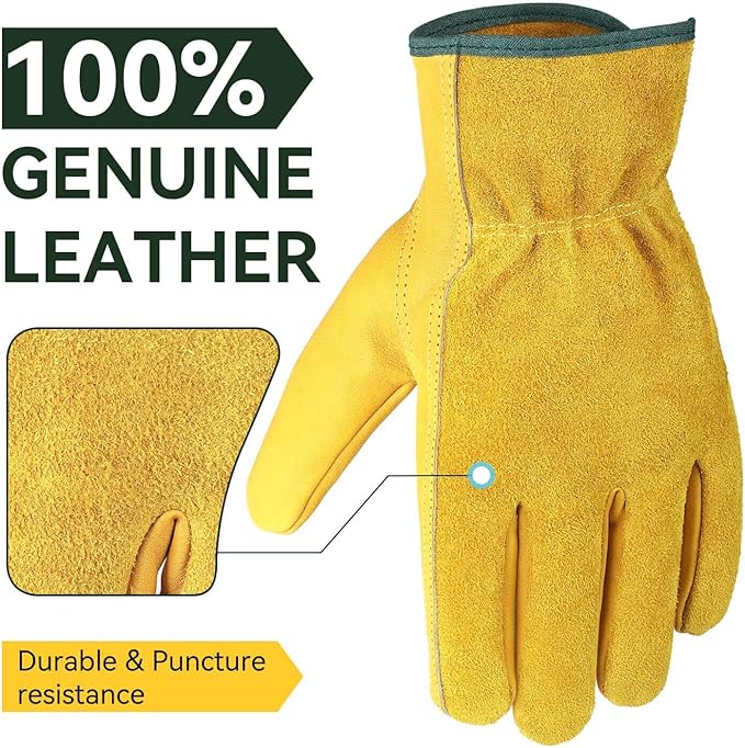 OZERO 5 Pairs Leather Work Gloves Flex Grip Tough Cowhide Gardening Glove for Wood Cutting/Construction/Truck Driving/Garden/Yard Working for Men and Women (Gold,Medium)-VerdiqueGarden