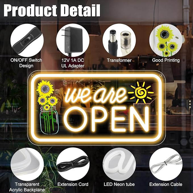 Neon We Are Open Signs for Business, 16.5x9'' Open Sign with Printed Flower and Sun, with ON/OFF Switch & Adapter, Warm White, Ideal for Window, Party, Wall, Bars, Coffee Shops, Salons, Clubs, Hotels-VerdiqueGarden