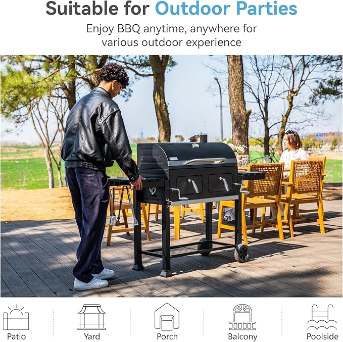 GREEN PARTY Barrel Charcoal Grill with Side Tables, 794 Square Inches Cooking Space, Large Charcoal BBQ Grill with 2 Height-Adjustable Charcoal Pans for Outdoor Backyard Patio Picnic Parties Camping-VerdiqueGarden