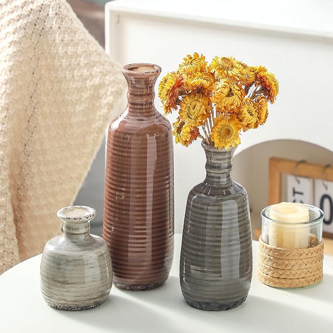 Ceramic Vases Set of 3, Neutral Rustic Farmhouse Vases Home Decor Decorative Flower Vase Modern Boho Pampass Vase for Table Mantel Entryway Shelf Living Room Kitchen Bathroom - Brown-VerdiqueGarden