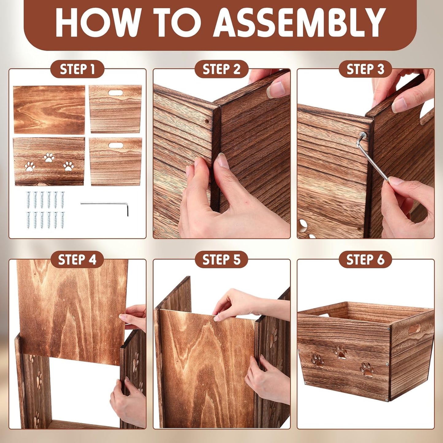 3 Pack Rustic Wooden Crates Hollow Claw Wooden Storage Boxes with Handles Dog Toy Box Large Handmade Farmhouse Decorative Wood Crate for Display-VerdiqueGarden