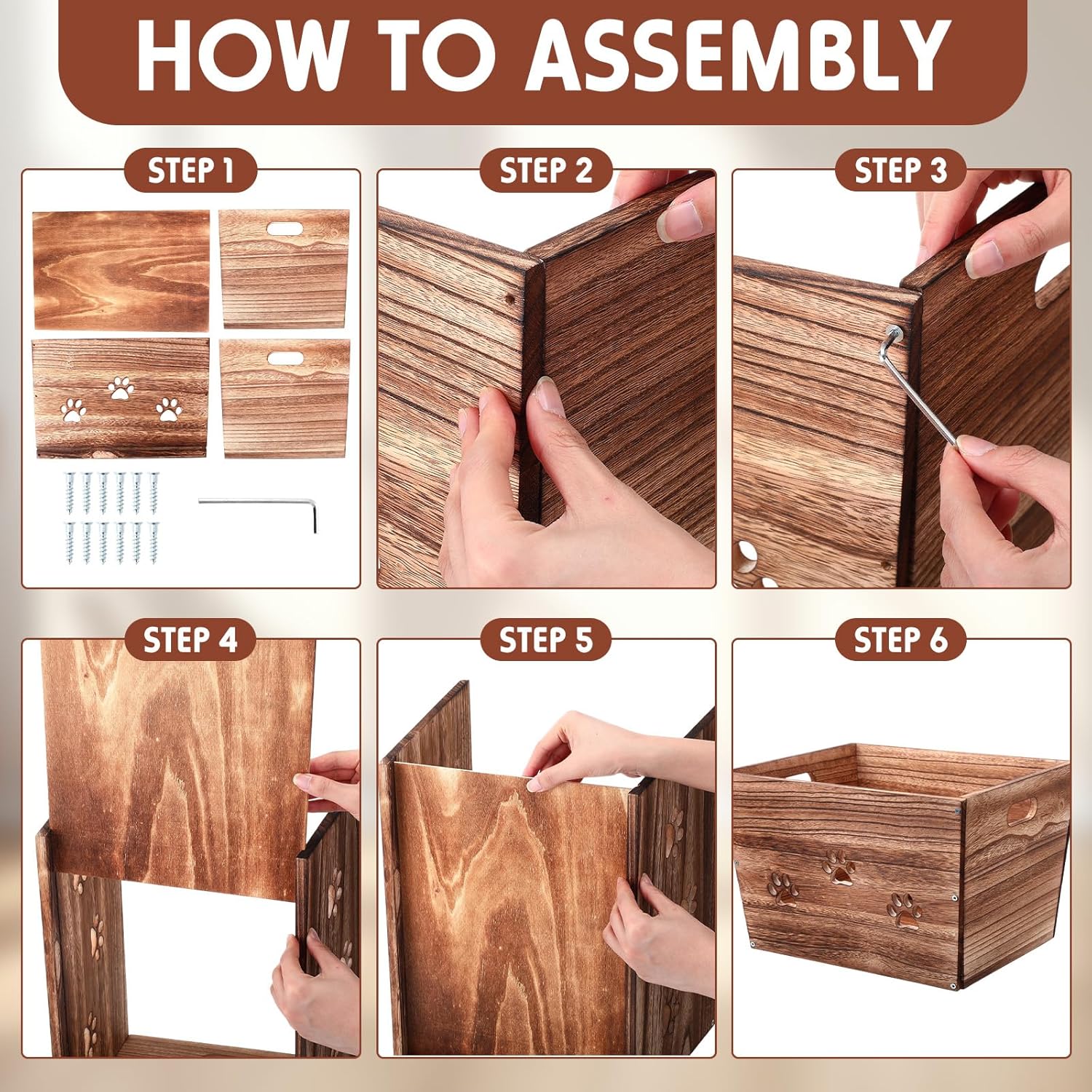 3 Pack Rustic Wooden Crates Hollow Claw Wooden Storage Boxes with Handles Dog Toy Box Large Handmade Farmhouse Decorative Wood Crate for Display-VerdiqueGarden