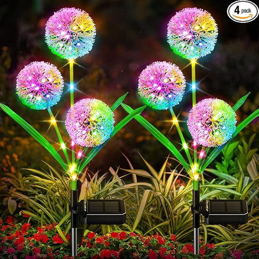 4 Pack Solar Garden Lights Outdoor Decor, New Version 12 Glowing Dandelion Lights & Stems with 144 Colorful LED, 2 Modes Control Solar Lights Outdoor Waterproof IP65 for Yard, Lawn, Pathway-VerdiqueGarden