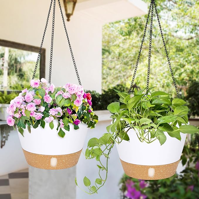 QCQHDU 2 Pack 10 inch Hanging Planters for Indoor Plants, Outdoor Hanging Baskets, Self Watering Pots with Drainage Holes & Removable Tray (White, 10 inch)-VerdiqueGarden