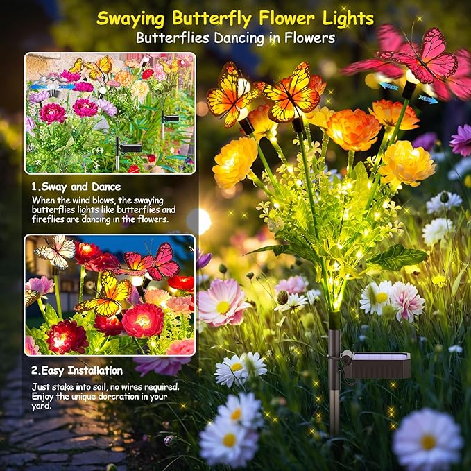 Solar Garden Lights, 3 Pack Swaying Solar Lights with 9 Butterflies & 21 Blooming Flowers, Solar Flowers Lights Outdoor Waterproof, Auto On/Off Solar Outdoor Lights for Yard Patio, Gift-VerdiqueGarden