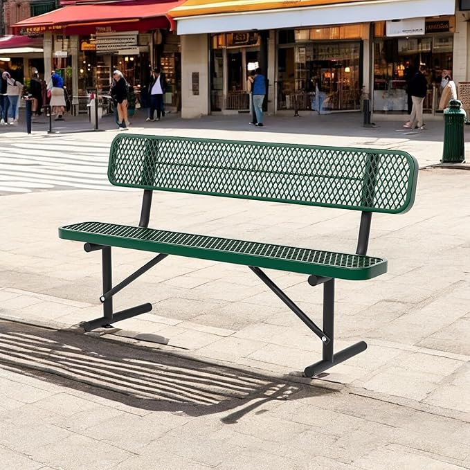Heavy Duty Park Bench with Back Portable Frame, Outdoor Steel Bench with Backrest, Outdoor Park Bench Expanded Metal Mesh Bench for Lawn, Park, Deck, Garden, Patio, Porch, Black (Green, 6FT)-VerdiqueGarden