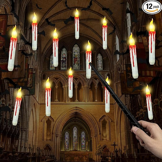 Halloween Decorations, 2023 Newest Floating LED Candles with Wand Remote Control, Witch Wizard Christmas Decor for Indoor Home Room Classroom Bedroom Birthday Party, 12pcs (White & Red), 6.6-VerdiqueGarden