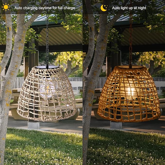 Vintage Rattan Basket Shade Solar Lantern Hanging Lighting Country Style Pendant Light Patio Garden Farmhouse Decoration Rustic Handmade Rattan Pendant Lamps.-VerdiqueGarden