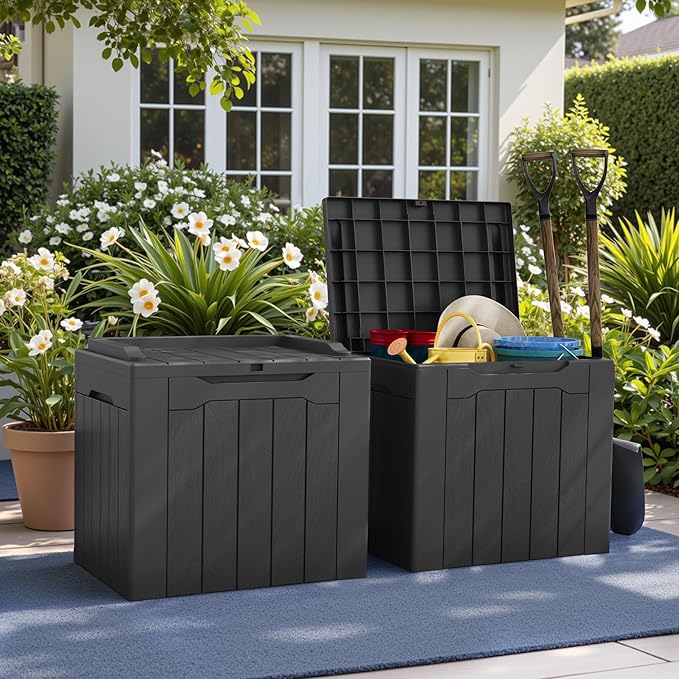 Greesum 31 Gallon Deck Box for Outside, All Weather Outdoor Storage Boxes for Patio Furniture Set, Package Delivery Box,Garden Tools, Gray(Set of 2)-VerdiqueGarden