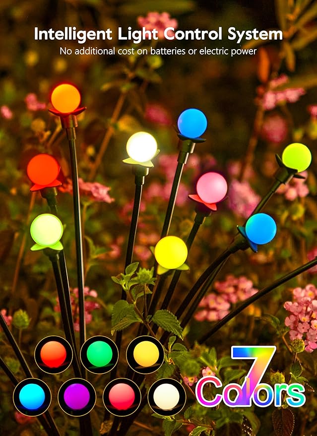 Brightown Solar Garden Lights Outdoor- 4 Pack 48 LED Solar Firefly Lights with 7 Colors Changing, Sway by Wind, Waterproof Solar Outdoor Lights, Solar Lights for Outside Yard Walkway-VerdiqueGarden